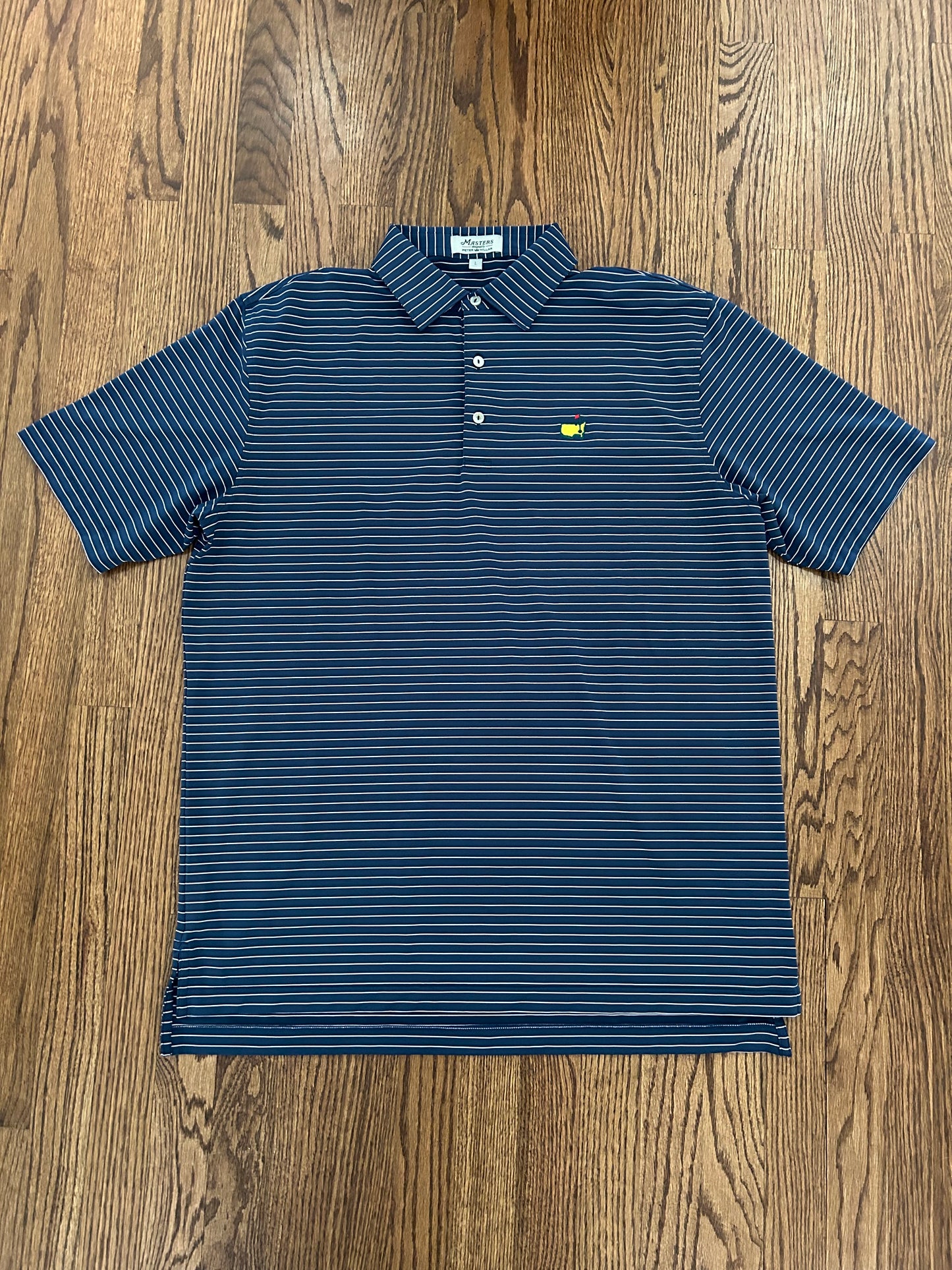 Men’s Large Masters Peter Millar Navy Blue Striped Golf Polo