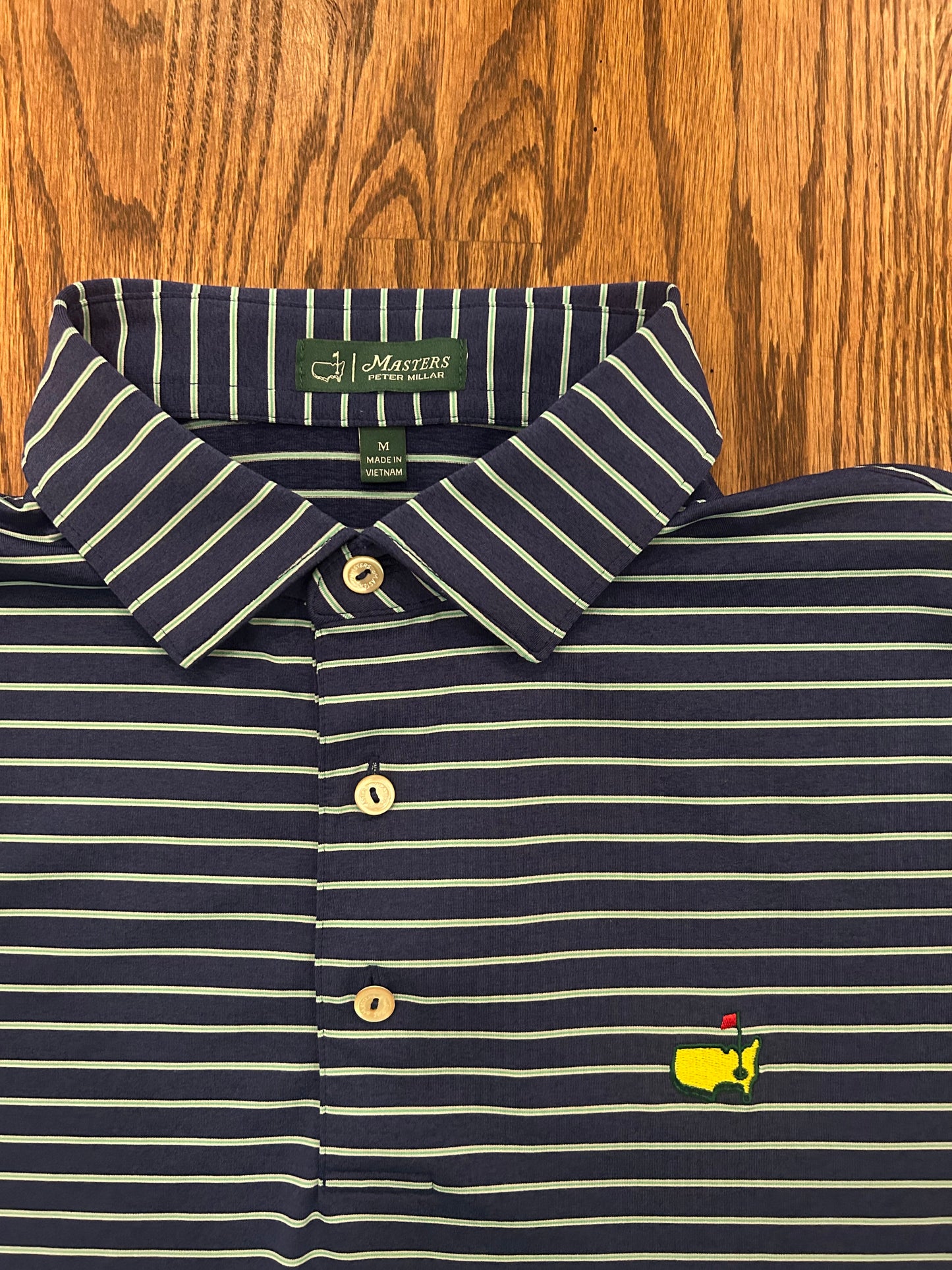 Men’s Medium Masters Peter Millar Augusta National Navy Blue Striped Performance Golf Polo