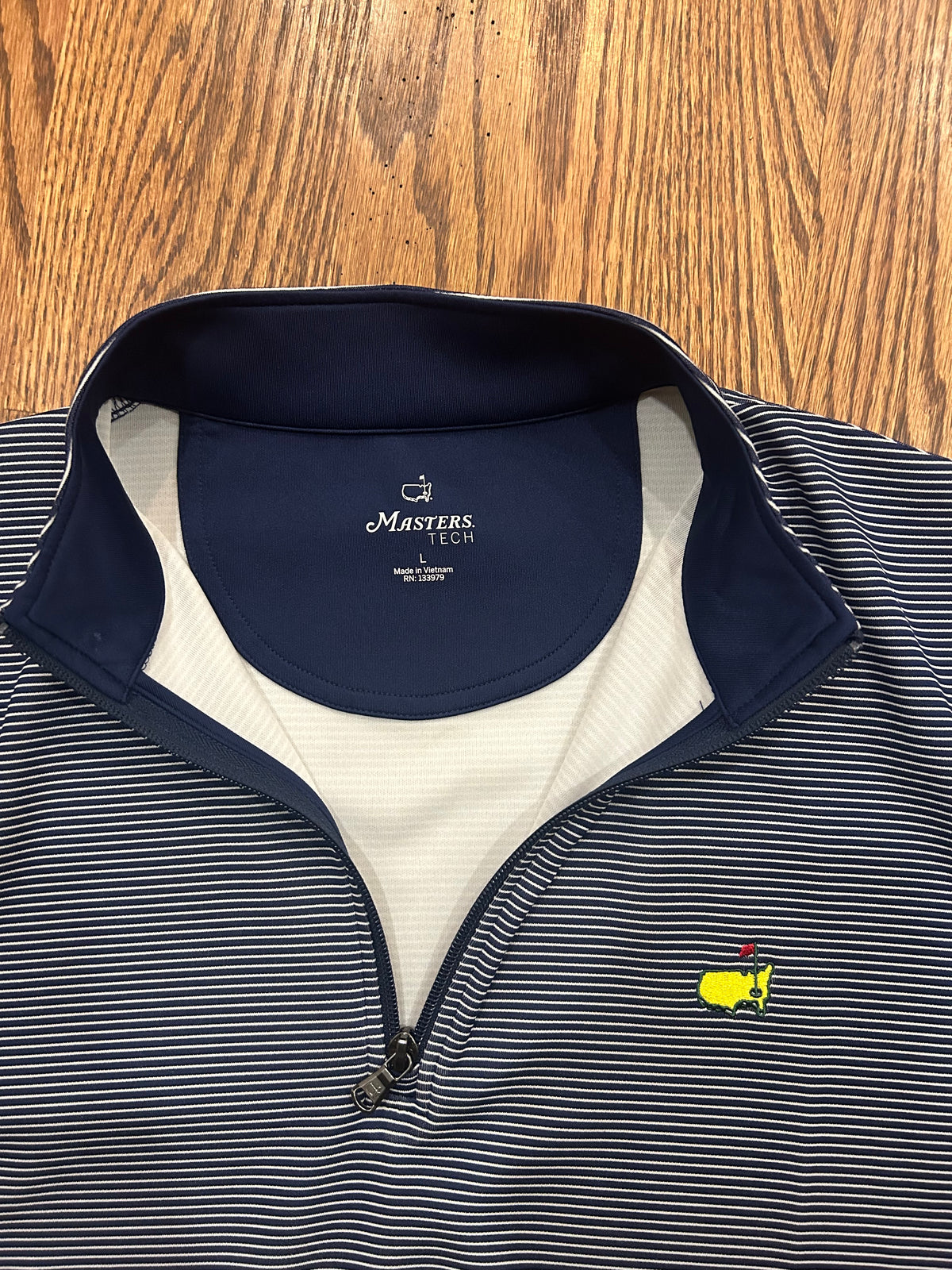 Men’s Large Masters Tech Navy White Striped Performance Golf Quarter Zip