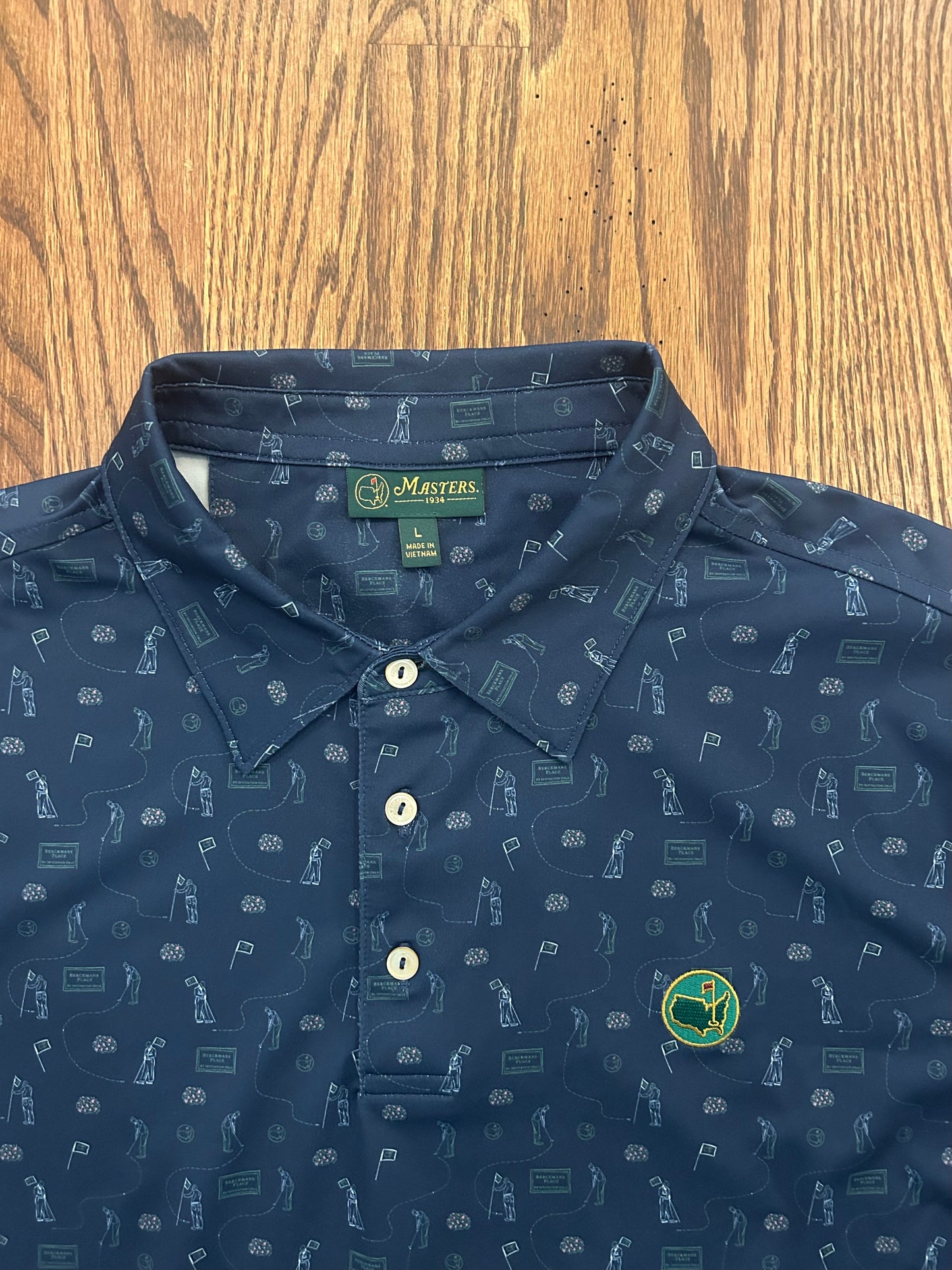 Men’s Large Masters 1934 Berckmans Place Navy Blue Graphic Performance Golf Polo