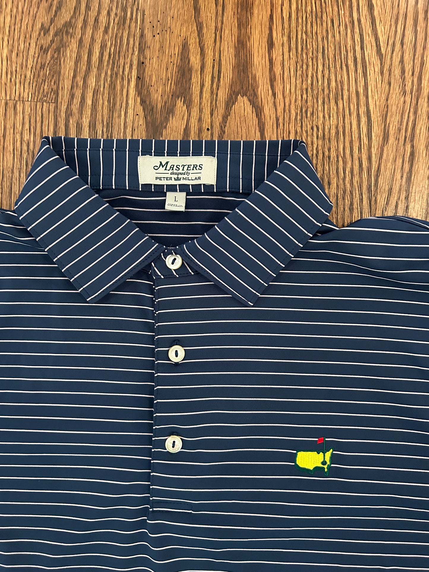 Men’s Large Masters Peter Millar Navy Blue Striped Golf Polo